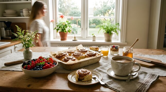 Morning sunlight fills a rustic kitchen as homemade cinnamon rolls, fresh berries, yogurt, orange juice and coffee create a warm, inviting breakfast scene with plants and soft textures.