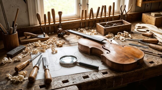 Luthier workbench with violin under construction. Blueprint drawings, magnifying glass, and woodworking tools on a rustic table with wood shavings.