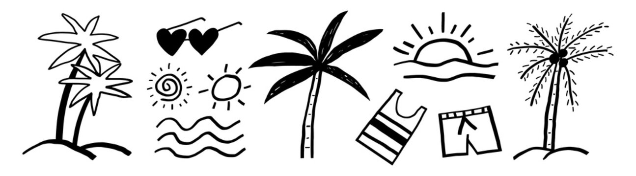 Vector of summer icons: palm trees, sun, waves, sunglasses, tank top, shorts.