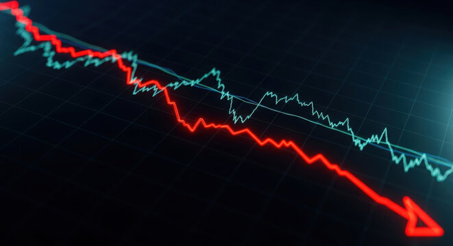 Stock Market Crash Economic Recession Financial Crisis Bear Market Price Fall Concept With Red Graph Line Arrow Pointing Down Against Black Background