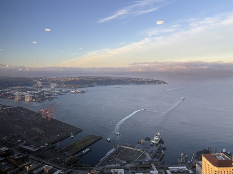 Seattle Waterfront and Elliott Bay with Boats and City Lights Viewed from Columbia Center Skyline