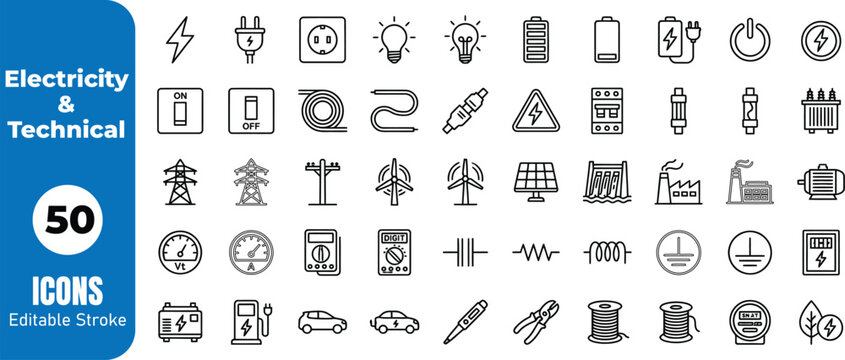 Electricity and technical icons set 50 editable stroke symbols