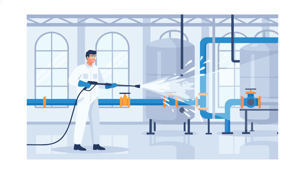 A technician wearing full protective white clothing and safety goggles uses a pressure washer to spray high-velocity water onto large blue pipes within an industrial processing fac