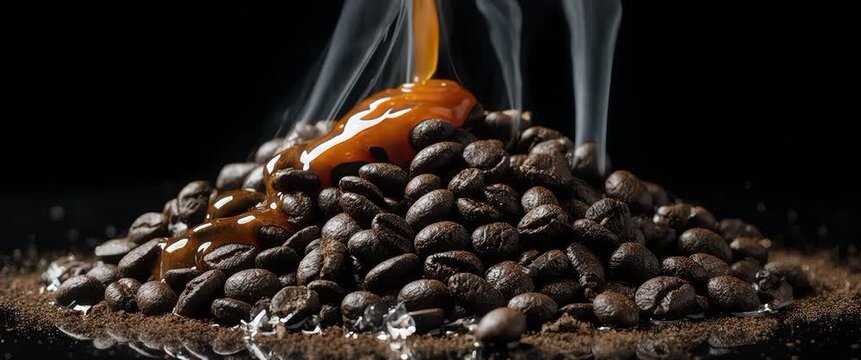 Roasted Coffee Beans with Floating Smoke and Dripping Golden Caramel