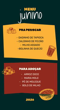 traditional festa junina typical foods instagram story, classic sao joao festival menu template, rustic june party culinary info layout