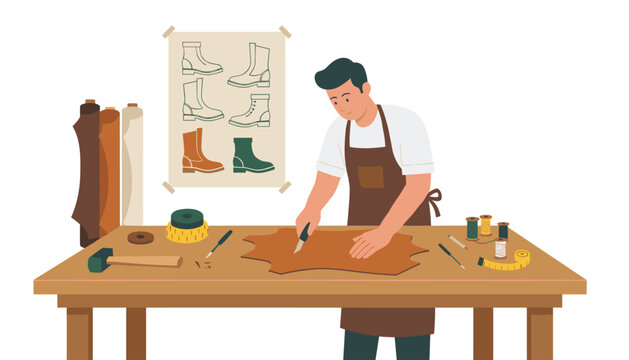 A dedicated craftsman precisely cuts raw leather material on a large wooden table in a busy workshop surrounded by rolls of hide and footwear design sketches.