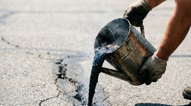 Road construction worker pouring hot black liquid tar from a metal watering can to seal a pavement crack