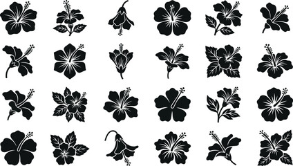 Hibiscus Flower Silhouette Grid Set, Minimalist Black Tropical Floral Icons and Botanical Stencils Isolated on White Background © MS Studio1