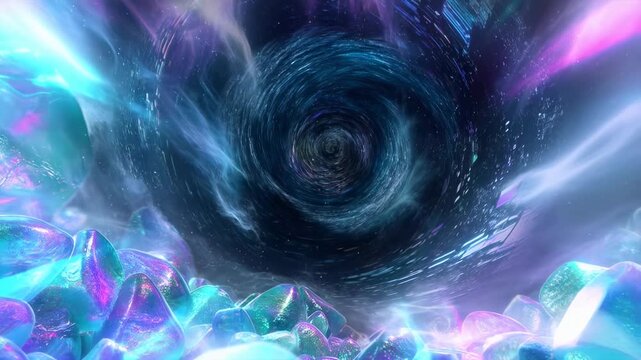 Mesmerizing vortex animation through luminous crystal cave with swirling lights