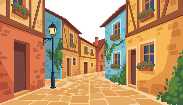 An old European village street lined with colorful half-timbered houses and cobblestone pathways highlighted by a black iron street lamp and cascading climbing vines.
