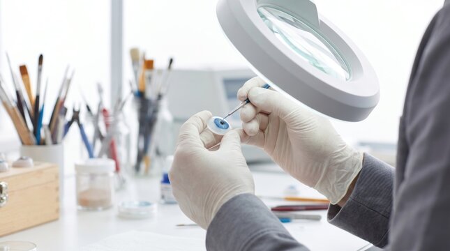 Ocularist looking through a magnifying lamp ring while using a fine brush to paint the delicate iris details of a custom prosthetic eye