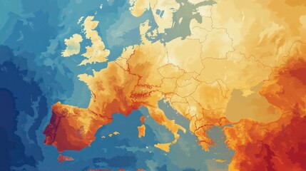 Obraz premium A heat map of Europe showing temperature variations across the continent. The map is color-coded from blue (coldest) to red (warmest).