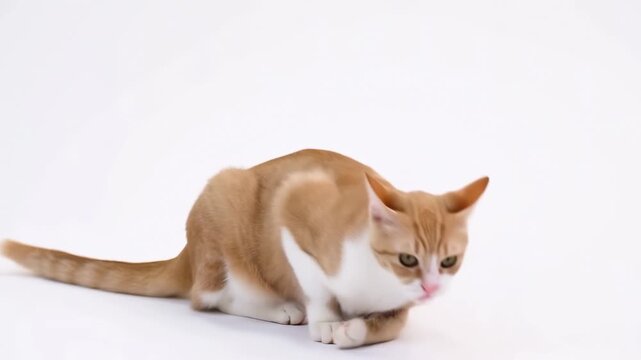 Curious ginger cat prowls on white background, examining surroundings with cautious movements