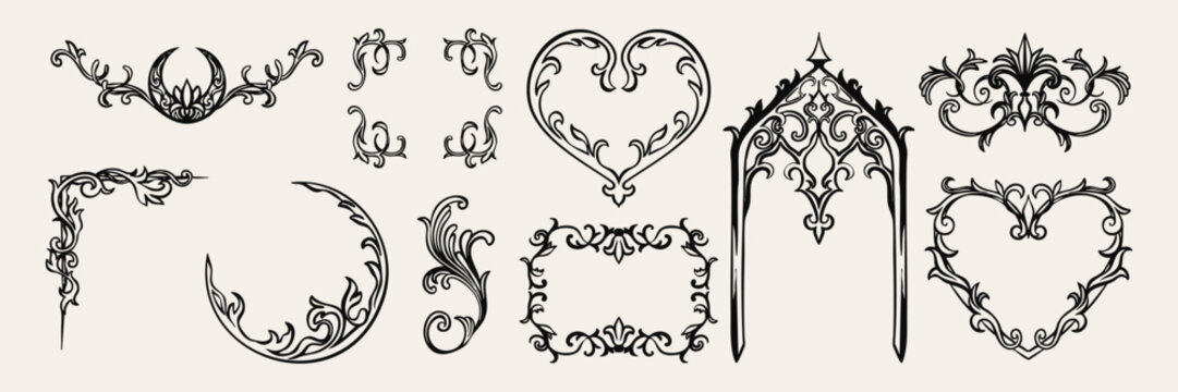 Hand drawn gothic vintage frame set with ornate borders, decorative corners, heart frames and gothic arch. Elegant medieval vector collection.