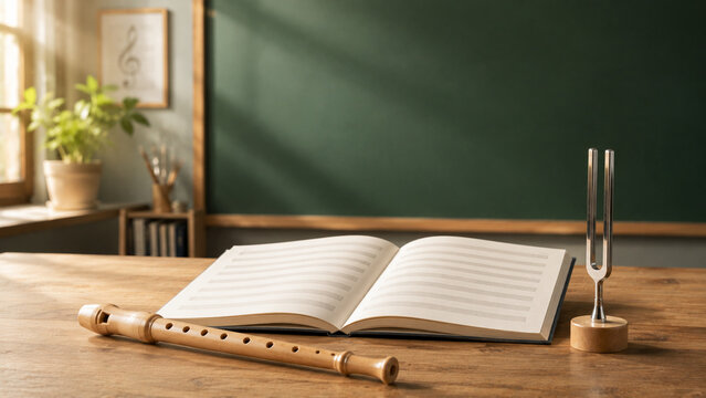School music class still life with open blank sheet music notebook, wooden recorder flute and tuning fork on wooden desk over empty green chalkboard. Copy space.