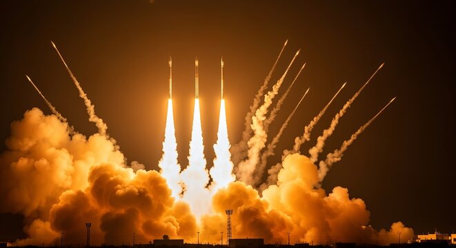 A Breathtaking Display of Aerospace Engineering Three Rockets Launching into the Sky Together