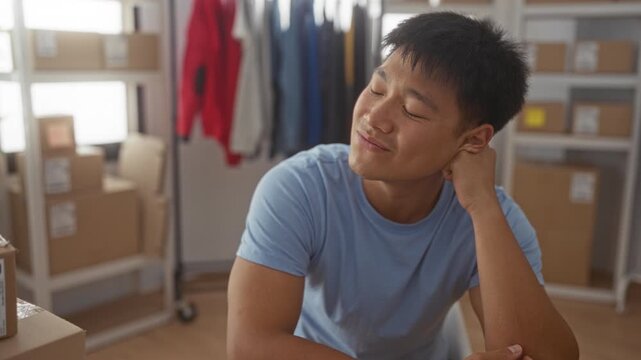 Young man touches neck beside stacked shipping boxes, printed labels and packing tape on table in studio; tired reflection.