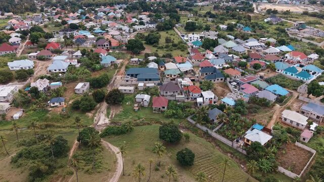Dar Es Salaam Tanzania - 26 June 2026 - Aerial view of Kigamboni Dar es Salaam showcasing residential settlements houses green landscapes and expanding urban development in Tanzania