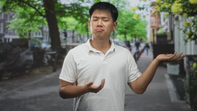 Man in white polo shrugging with palms up on a tree lined urban street, puzzled expression and questioning gesture; confusion.