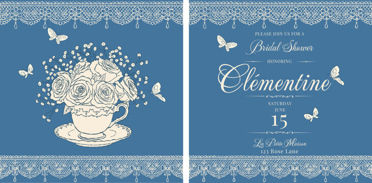 Elegant bridal shower invitation set featuring a vintage teacup filled with blooming roses for bridal showers, weddings, garden parties, afternoon tea events, and romantic celebrations.