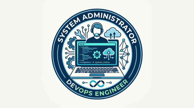 System Administrator and DevOps Engineer emblem with a laptop, cloud computing, and gears graphic