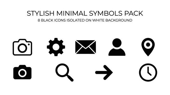 Collection of 8 minimalist black icons representing camera, gear, envelope, user, location, search, arrow, and clock on a white background