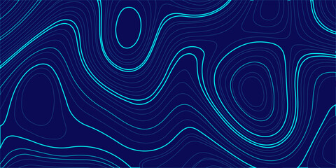 Abstract topographic map background with cyan contour lines on dark blue, digital geographic terrain pattern vector. glowing cyan or turquoise contour lines on a deep dark blue backdrop, topography © Creative Lis