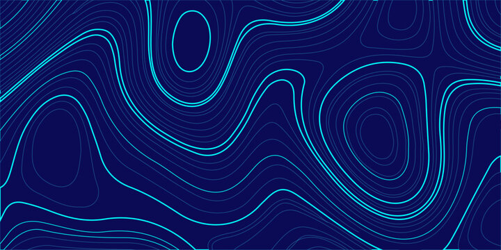 Abstract topographic map background with cyan contour lines on dark blue, digital geographic terrain pattern vector. glowing cyan or turquoise contour lines on a deep dark blue backdrop, topography