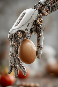 white robotic hand holds egg against background . bio tech agriculture