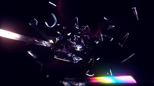 Slow motion tracking shot of glass shards exploding and scattering against dark studio backdrop with iridescent rainbow reflections