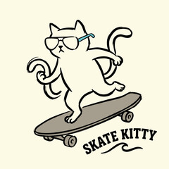Hand-drawn cartoon illustration of a cool white cat wearing sunglasses and riding a grey skateboard with even lighting and centralized composition on a clean off-white background. © Muhammad