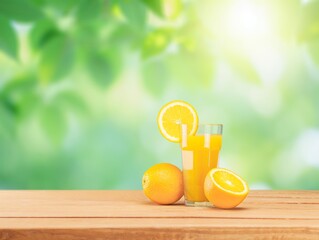 Fototapeta na wymiar Fresh orange juice in a glass on a wooden table in nature