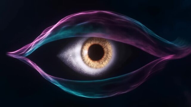Slow motion close up of human eye revealing swirling colored smoke with luminous particles and slow camera zoom in dark studio background