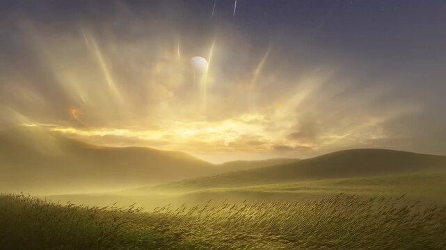 Time lapse static shot of rolling grassy hills with sun rays breaking through mist over meadow at sunrise in rural countryside backlit glow