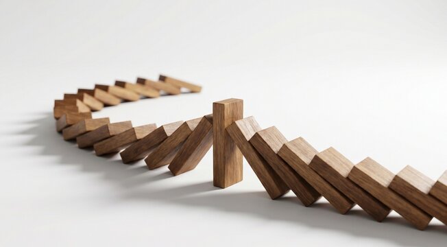 Two wooden dominoes fall onto one domino that is still standing. 