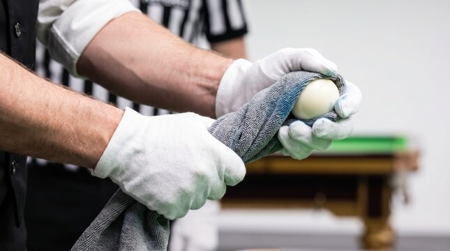 Referee hands in white gloves using a gray towel to clean a white cue ball near a snooker table
