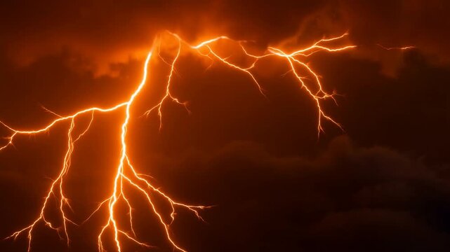 Slow motion static closeup of lightning bolt striking and branching through thunderclouds in night sky over stormy atmosphere