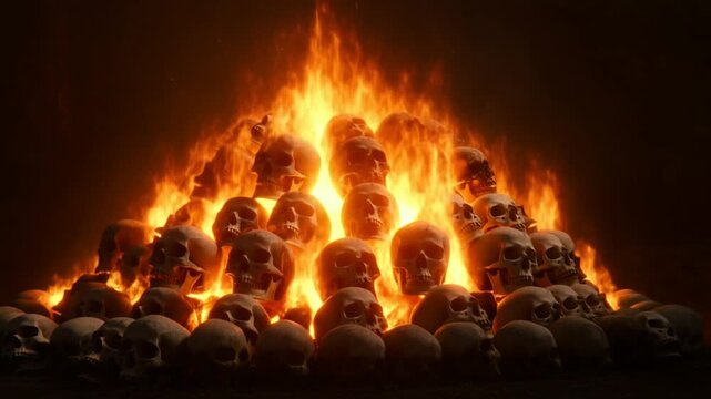 Slow zoom into burning pile of human skulls stacked on ritual altar in dark underground chamber with roaring flames and flickering embers