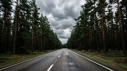 Obraz premium Empty asphalt road cutting through a dense pine forest under a dramatic cloudy sky, motion blur showcasing speed on a moody summer road trip.