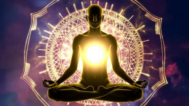 Slow zoom of silhouetted meditating figure radiating golden heart light with ornate mandala backdrop in cosmic nebula space setting