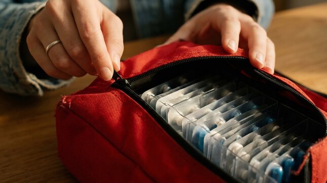 Hands packing a red first aid kit with medicine blister packs for summer travel safety, medical emergency preparedness, and health organization.
