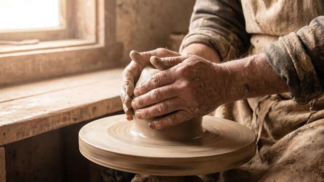 Dirty hands of an artisan shape wet clay on a spinning pottery wheel in a sunlit workshop, creative handmade craft, traditional art process, small business hobby, rustic studio mood.