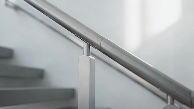 Medium shot of sleek aluminum handrail and baluster profiles smoothly bent and joined enhancing safety on a modern staircase