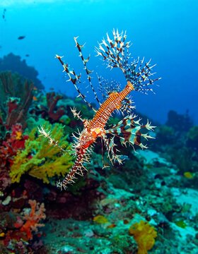 Colorful Ornate Ghost Pipefish Swimming Above Coral Reef in Clear Blue Ocean