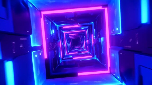 Tracking shot forward through neon lit futuristic tunnel interior with glowing geometric panels and moving fluorescent blue and pink frames