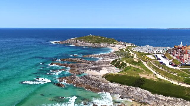 Fistral Beach and Coastal Rocks Aerial 4K