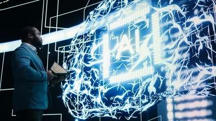 Fototapeten Pony Programmer enforces artificial intelligence neural network agent guardrails, AI governance concept, African American man limiting AI autonomy, providing human oversight to algorithmic system.  © DC Studio