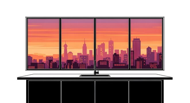 City skyline at sunset framed on modern shelf with vibrant pink and orange sky reflection