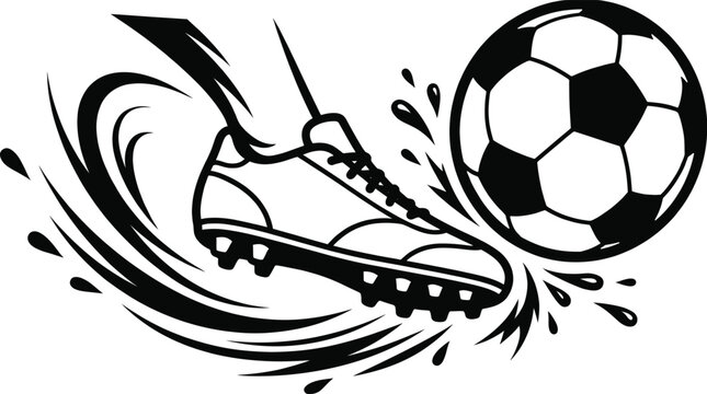 Black and white illustration of a soccer cleat kicking a ball