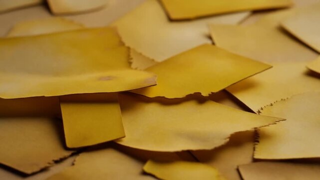 Tracking shot slow dolly closeup of torn yellow paper pieces shifting and overlapping on wooden tabletop studio surface with textured shallow depth of field